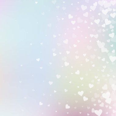 White heart love confettis. Valentine's day gradient fair background. Falling transparent hearts confetti on pinkish background. Excellent vector illustration.