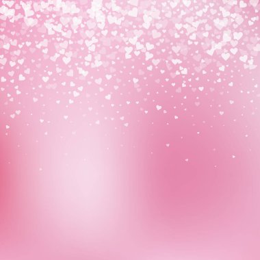 Beyaz kalp konfetileri sever. Sevgililer Günü gradyanı çekici bir arka plan. Gradyan arka planda şeffaf kalp konfetileri düşüyor. Şirin vektör illüstrasyonu.