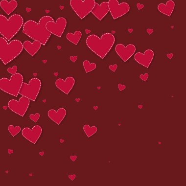 Kırmızı kalp konfetileri sever. Sevgililer Günü gradyan değerli geçmişi. Dökülen kağıt kalpler, kestane rengi arka planda konfeti. Şirin vektör illüstrasyonu.