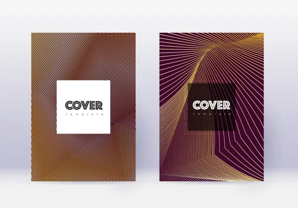 Hipster Cover Design Template Set Gold Abstract Lines Maroon Background — 스톡 벡터