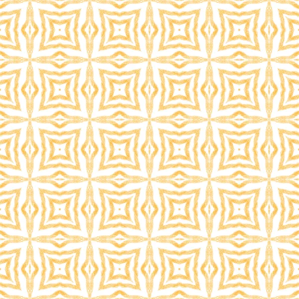水着のデザインを繰り返すイカト 黄色の対称万華鏡の背景 繊維は準備ができて快適な印刷 水着生地 夏のイカの水着パターン — ストック写真