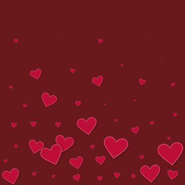 Kırmızı kalp konfetileri sever. Sevgililer Günü gradyan benzersiz arka plan. Dökülen kağıt kalpler, kestane rengi arka planda konfeti. Enfes vektör çizimi.