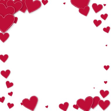 Kırmızı kalp konfetileri sever. Sevgililer Günü 'nde özgeçmişin güzelmiş. Beyaz arka planda dikişli kağıt kalpler konfetisi. Olağanüstü vektör illüstrasyonu.