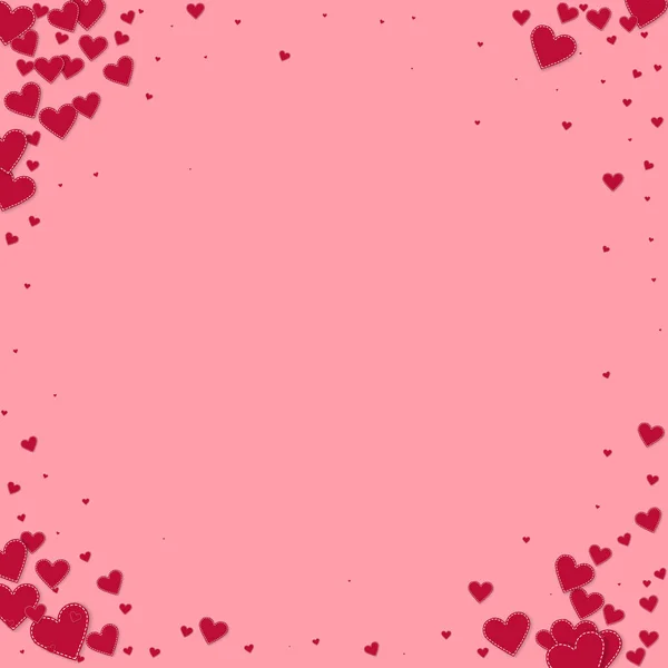 赤いハートの愛の告白 バレンタインデーのヴィネット奇妙な背景 ピンクの背景に縫い付けられた紙のハートのコンフェッティが落ちる まともなベクトルイラスト — ストックベクタ