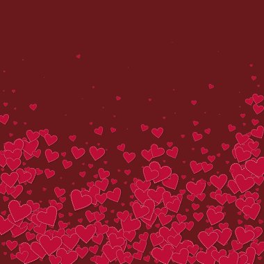 Kırmızı kalp konfetileri sever. Sevgililer Günü yağmuru ilginç bir arka plan. Dökülen kağıt kalpler, kestane rengi arka planda konfeti. Yaratıcı vektör illüstrasyonu.