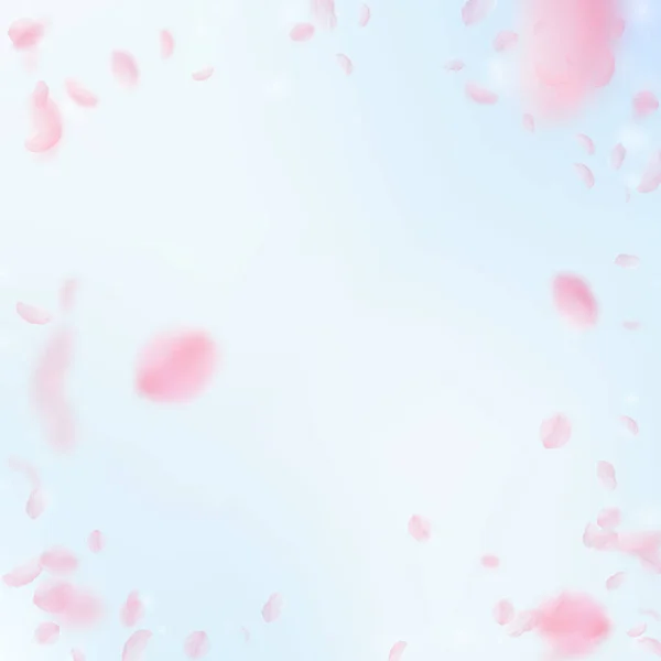 樱花花瓣落下 浪漫的粉红色花朵的插图 在蓝天广场的背景下飞翔的花瓣 浪漫的概念 梦幻般的婚礼请柬 — 图库照片