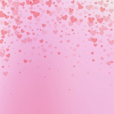 Kırmızı kalp konfetileri sever. Sevgililer Günü yağmuru dramatik bir arka plan. Hassas arka planda şeffaf kalp konfetileri. Cool vektör illüstrasyonu.