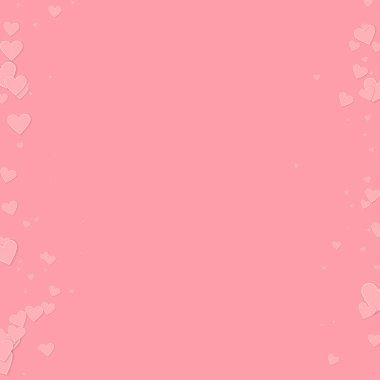 Pembe kalp aşk konfetileri. Sevgililer Günü 'nün geçmişinde olağanüstü bir şey var. Pembe arka planda düşmüş kağıt kalpler konfetisi. Düzgün vektör illüstrasyonu.