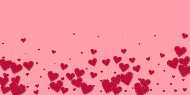 Kırmızı kalp konfetileri sever. Sevgililer Günü yağmuru harika bir özgeçmiş. Pembe arka planda düşmüş kağıt kalpler konfetisi. Seçkin vektör çizimi.