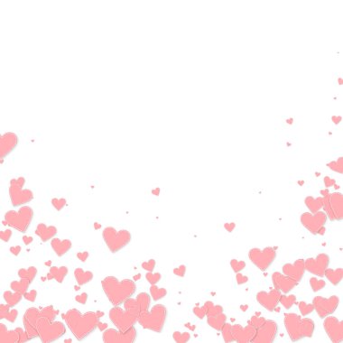 Pembe kalp aşk konfetileri. Sevgililer Günü yağan yağmurlar tatlı bir arka plan. Beyaz arka planda dikişli kağıt kalpler konfetisi. Yaratıcı vektör illüstrasyonu.