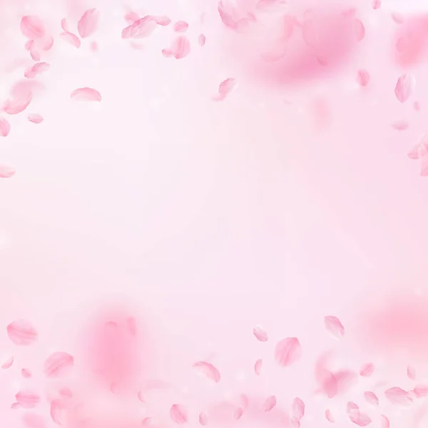 桜の花びらが落ちています ロマンチックなピンクの花は 雨が降っています ピンクの正方形の背景に花びらを飛んでいます ロマンス概念 壮大な結婚式招待状 — ストック写真