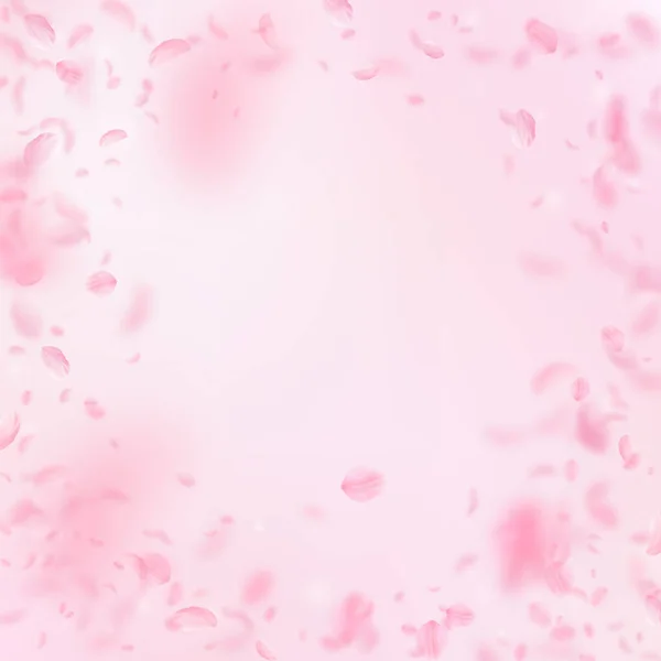 樱花花瓣飘落 浪漫的粉红花朵 粉红正方形背景上飘扬的花瓣 浪漫的概念 优雅的婚宴请柬 — 图库照片
