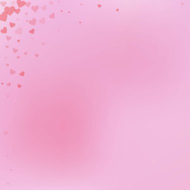 Kırmızı kalp konfetileri sever. Sevgililer günü köşesi pozitif arka plan. Renk geçiş geçmişinde şeffaf kalp konfetileri düşüyor. Hassas vektör illüstrasyonu.