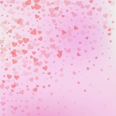 Kırmızı kalp konfetileri sever. Sevgililer Günü gradyanı büyüleyici bir geçmiş. Düşen şeffaf kalp konfetileri göze çarpmıyor. Göz kamaştırıcı vektör illüstrasyonu.