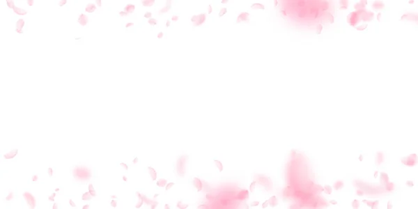 桜の花びらが落ちてきた ロマンチックなピンクの花の国境 白地に花弁が飛び交う 恋愛概念 印象的な結婚式の招待状 — ストック写真