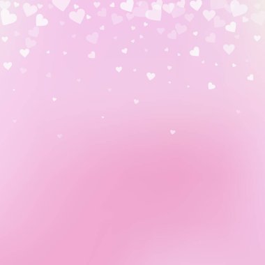 Beyaz kalp konfetileri sever. Sevgililer Günü gradyanı harika bir arka plan. Pembe arka planda şeffaf kalp konfetileri. Enerjik vektör çizimi.