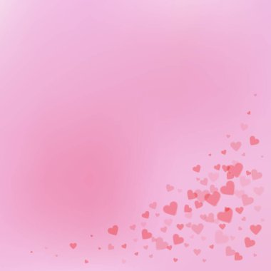 Kırmızı kalp konfetileri sever. Sevgililer Günü köşesinde ilginç bir geçmiş. Renk geçiş geçmişinde şeffaf kalp konfetileri düşüyor. Dramatik vektör illüstrasyonu.