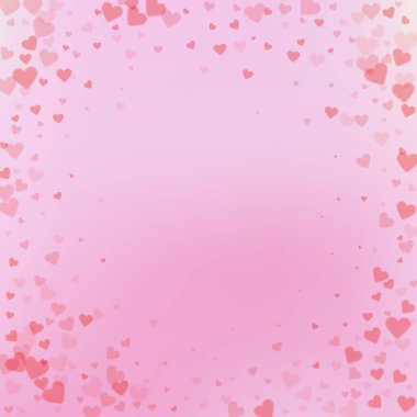 Kırmızı kalp konfetileri sever. Sevgililer Günü Vignette çok tatlı bir geçmişi var. Gradyan arka planda şeffaf kalp konfetileri düşüyor. Düzgün vektör illüstrasyonu.