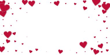 Kırmızı kalp konfetileri sever. Sevgililer Günü 'nün harika bir geçmişi var. Beyaz arka planda dikişli kağıt kalpler konfetisi. Ekstra vektör illüstrasyonu.