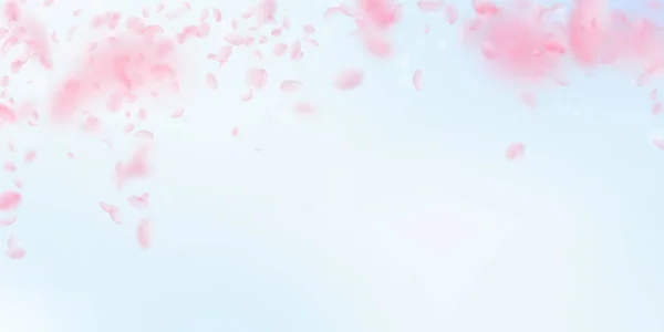 桜の花びらが落ちています ロマンチックなピンクの花は 雨が降っています 青い空広い背景に花びらを飛んでいます ロマンス概念 素敵な結婚式の招待状 — ストック写真