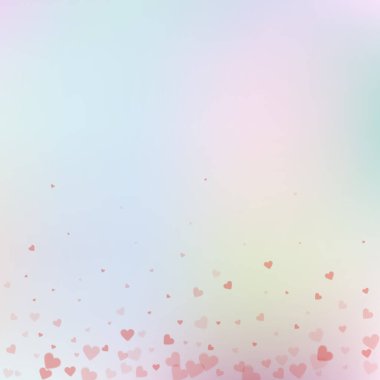 Kırmızı kalp konfetileri sever. Sevgililer Günü gradyan fuar geçmişi. Renk geçiş geçmişinde şeffaf kalp konfetileri düşüyor. Olağanüstü vektör illüstrasyonu.