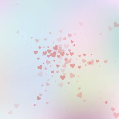 Kırmızı kalp konfetileri sever. Sevgililer Günü patlaması harika bir arka plan. Şeffaf kalp konfetileri yumuşak arka planda. Uygun vektör illüstrasyonu.