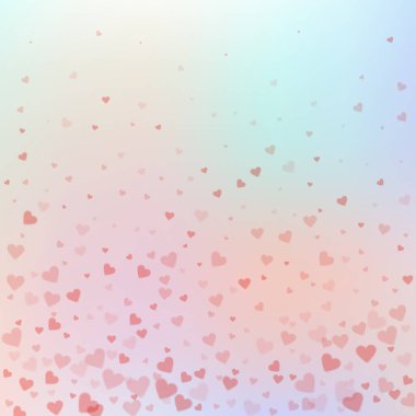 Kırmızı kalp konfetileri sever. Sevgililer Günü gradyanı çok güzel. Düşen şeffaf kalp konfetileri göze çarpmıyor. Ekstra vektör illüstrasyonu.