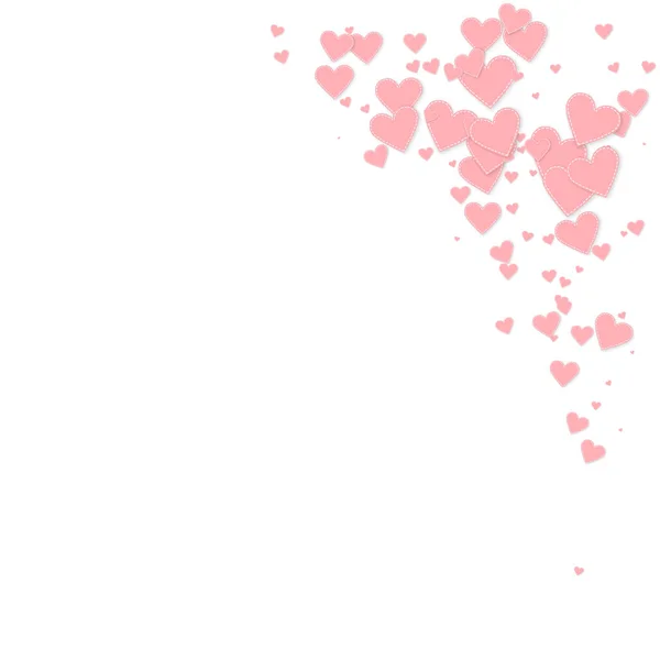 ピンクのハートの愛の告白 バレンタインデーのコーナー素晴らしい背景 白い背景に縫い付けられた紙のハートのコンフェッティが落ちる 感情的なベクターイラスト — ストックベクタ