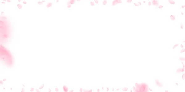 桜の花びらが落ちてきた ロマンチックなピンクの花のフレーム 白地に花弁が飛び交う 恋愛概念 結婚式の招待状 — ストック写真