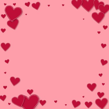 Kırmızı kalp konfetileri sever. Sevgililer Günü Vignette çekici bir geçmişi var. Pembe arka planda düşmüş kağıt kalpler konfetisi. Olağanüstü vektör illüstrasyonu.