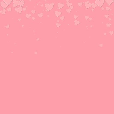 Pembe kalp aşk konfetileri. Sevgililer Günü gradyan güçlü bir geçmişi var. Pembe arka planda düşmüş kağıt kalpler konfetisi. Enerjik vektör çizimi.