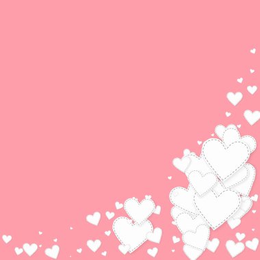 Beyaz kalp konfetileri sever. Sevgililer Günü köşesi çok hoş bir geçmiş. Pembe arka planda düşmüş kağıt kalpler konfetisi. Dramatik vektör illüstrasyonu.