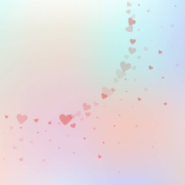 Kırmızı kalp konfetileri sever. Sevgililer Günü köşesi çok hoş bir geçmiş. Hassas arka planda şeffaf kalp konfetileri. İlahi vektör illüstrasyonu.