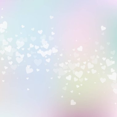 Beyaz kalp konfetileri sever. Sevgililer Günü 'nün yağmurlu bir geçmişi var. Gradyan arka planda şeffaf kalp konfetileri düşüyor. Cool vektör illüstrasyonu.