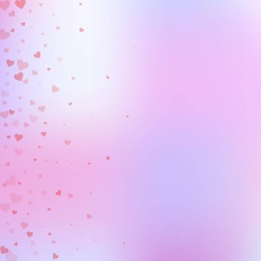 Kırmızı kalp konfetileri sever. Sevgililer Günü gradyanı eşsizdir. Gradyan arka planda şeffaf kalp konfetileri düşüyor. Olağanüstü vektör illüstrasyonu.