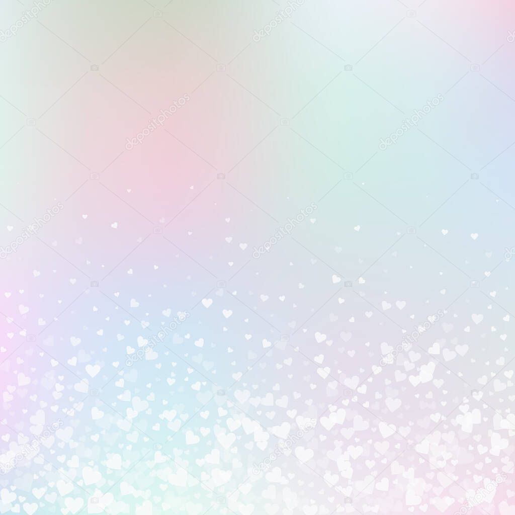 White heart love confettis. Valentine's day gradient majestic background. Falling transparent hearts confetti on gradient background. Cute vector illustration.