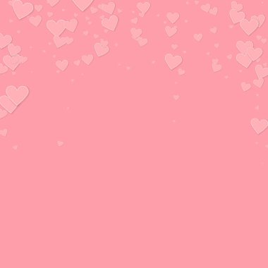 Pembe kalp aşk konfetileri. Sevgililer Günü yağmuru harika bir arka plan. Pembe arka planda düşmüş kağıt kalpler konfetisi. Cool vektör illüstrasyonu.