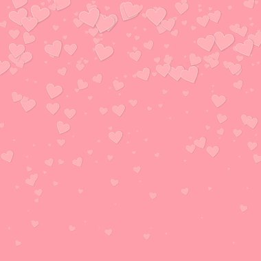 Pembe kalp aşk konfetileri. Sevgililer Günü gradyan çarpıcı bir geçmişi var. Pembe arka planda düşmüş kağıt kalpler konfetisi. Egzotik vektör illüstrasyonu.