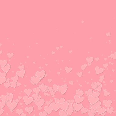 Pembe kalp aşk konfetileri. Sevgililer Günü yağmuru harika bir arka plan. Pembe arka planda düşmüş kağıt kalpler konfetisi. Yaratıcı vektör illüstrasyonu.