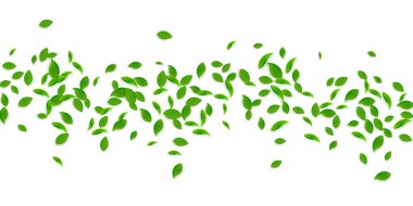 Düşen yeşil yapraklar. Kaotik taze çay yaprakları uçuşuyor. Sarı yeşil arka planda bahar yaprakları dans ediyor. Eğlenceli bir yaz şablonu. Güzel bahar indirimi illüstrasyonu.