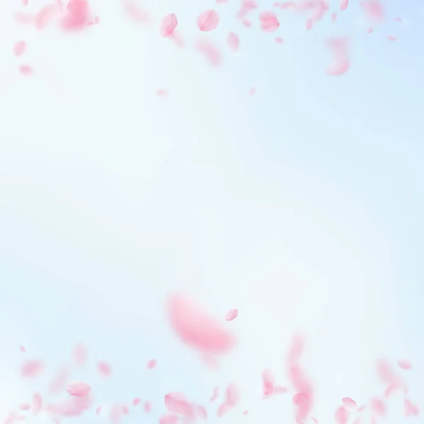 桜の花びらが落ちてきた ロマンチックなピンクの花の境界線 青い空の広場の背景に花びらを飛んで 恋愛概念 結婚式の招待状 — ストック写真