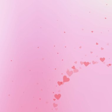 Kırmızı kalp konfetileri sever. Sevgililer Günü 'nde iyi bir geçmişi vardı. Gradyan arka planda şeffaf kalp konfetileri düşüyor. Kendinden geçmiş vektör çizimi.