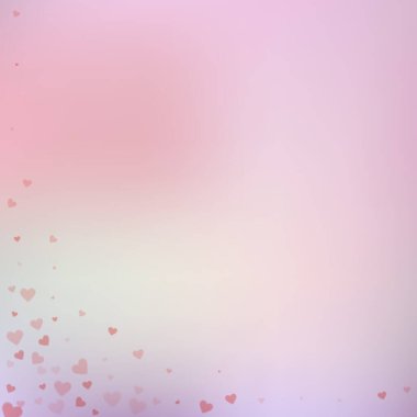 Kırmızı kalp konfetileri sever. Sevgililer Günü 'nün narin geçmişi. Renk geçiş geçmişinde şeffaf kalp konfetileri düşüyor. Büyüleyici vektör çizimi.