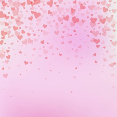 Kırmızı kalp konfetileri sever. Sevgililer Günü yağmuru çok zarif bir zemin hazırlıyor. Gradyan arka planda şeffaf kalp konfetileri düşüyor. Cool vektör illüstrasyonu.