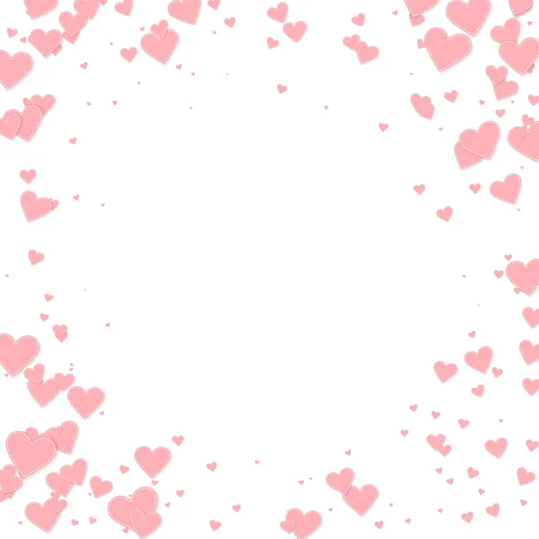 ピンクのハートの愛の告白 バレンタインデーのヴィネットの魅惑的な背景 白い背景に縫い付けられた紙のハートのコンフェッティが落ちる 見事なベクトル図 — ストックベクタ