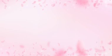 Sakura yaprakları aşağı düşen. Romantik pembe çiçekler sınır. Yaprakları geniş pembe uçan. Aşk, romantizm kavramı. İlginç düğün davetiyesi.