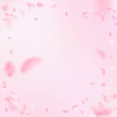 Sakura yaprakları aşağı düşen. Romantik pembe çiçekler skeç. Yaprakları pembe kare arka plan üzerinde uçan. Aşk, romantizm kavramı. İnanılmaz düğün davetiyesi.