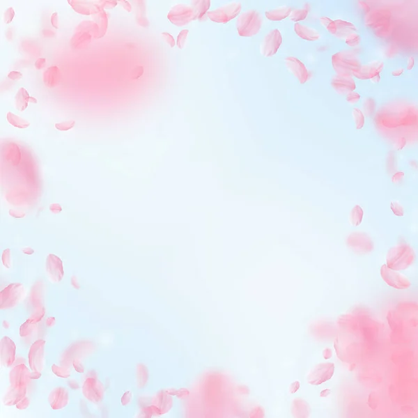 桜の花びらが落ちてきた ロマンチックなピンクの花のヴィネット 青い空の広場の背景に花びらを飛んで 恋愛概念 楽しい結婚式の招待状 — ストック写真