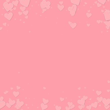 Pembe kalp aşk konfetileri. Sevgililer Günü yağan yağmurlu arka plan. Pembe arka planda düşmüş kağıt kalpler konfetisi. Yaratıcı vektör illüstrasyonu.