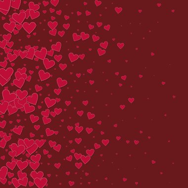 Kırmızı kalp konfetileri sever. Sevgililer Günü gradyan geçmişi. Dökülen kağıt kalpler, kestane rengi arka planda konfeti. Mükemmel vektör illüstrasyonu.